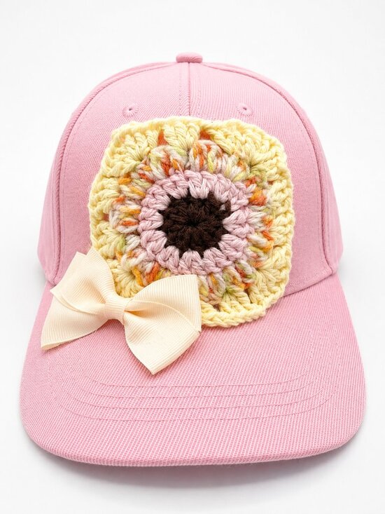 Handmade Accessories - Handmade Pink Sunflower Crochet Baseball Cap Bow Coquette Granny Square Hat